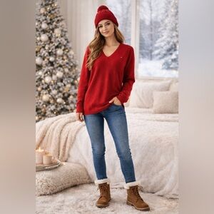 Tommy Hilfiger Red V-Neck Sweater Women’s Size L Logo Knit Pullover